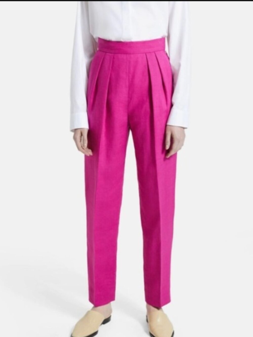 Theory Pleated Pant in Pure Linen Pop Fuchsia Pink